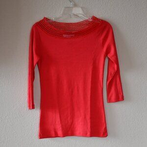 Grace Petite's Red 3/4 Sleeve Lace Trimmed Neck Knit T-shirt Top Size PS